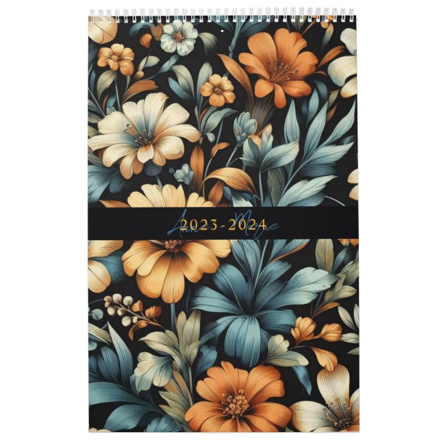 Calendrier Floral rustique vintage élégant noir (Protection)