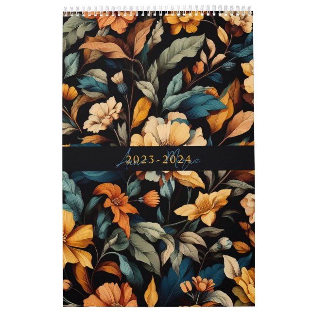 Calendrier Floral rustique vintage élégant noir (Protection)