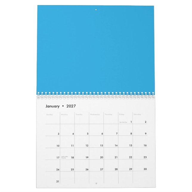 Calendrier fond bleu avec chat noir et blanc sur (Jan 2027)