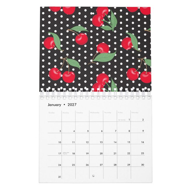 Calendrier Fruit de cerise rouge Feuilles vertes Points noirs (Jan 2027)
