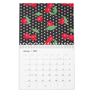 Calendrier Fruit de cerise rouge Feuilles vertes Points noirs