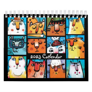 Calendrier Fun Colorful 2023 Illustrated Cat Calendar
