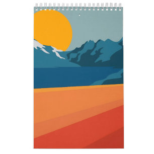 Calendrier Gras Retro Mountain Scene - Rouge et Bleu Minimali