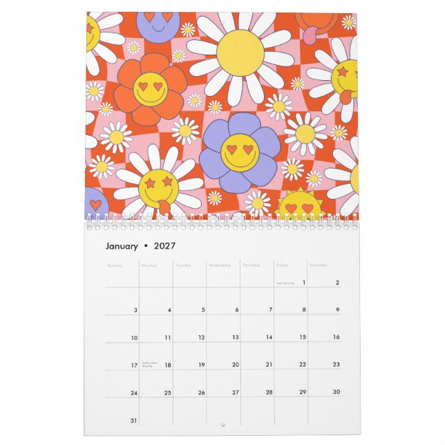 Calendrier Groovy Daisy Floral Damier, Y2K 90s (Jan 2027)