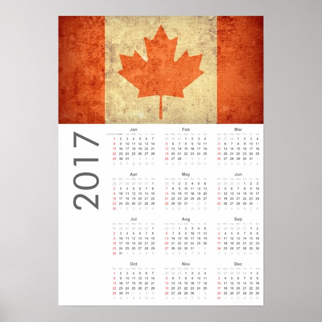 Calendrier Grunge Drapeau Canada 2017 Affiche (Devant)