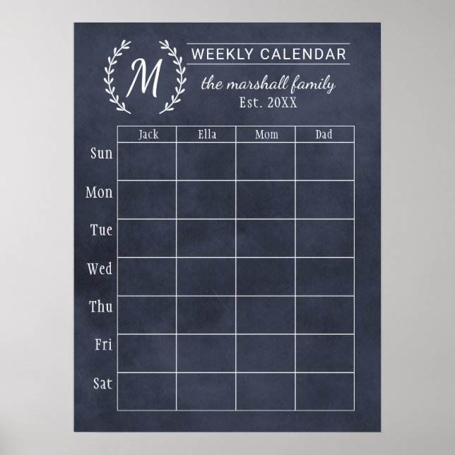 Calendrier hebdomadaire personnalisé Navy Tableau  (Devant)