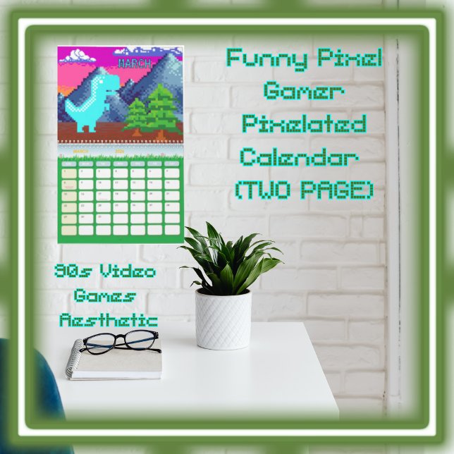 Calendrier Illustration de dinosaure pixelisé de joueur pixel (Funny Pixel Gamer Pixelated- Dinosaur Illustration (Two Page) Calendar Style Colorful Seasons; )