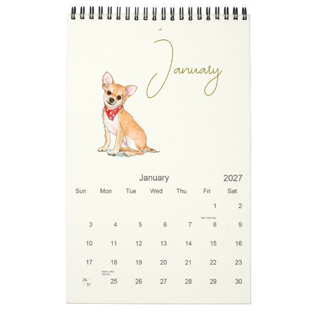 Calendrier Illustrations de chien mignon Amoureux de les chie (Jan 2027)