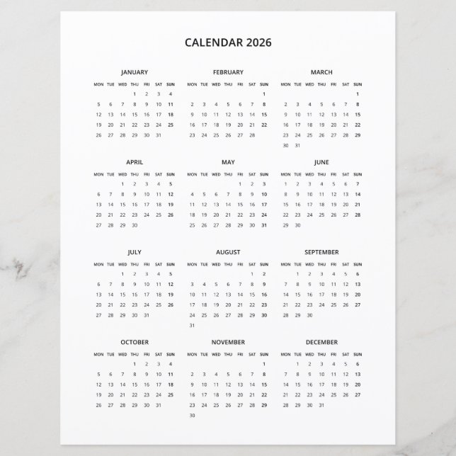 Calendrier imprimable minimaliste moderne 2026 en  (Devant)