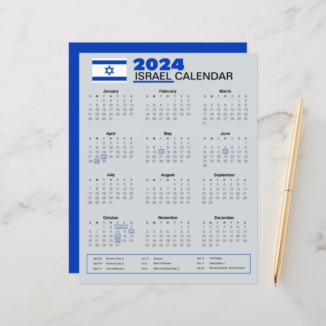 Calendrier Israël 2024 | Vacances & Fêtes (Devant/Arrière en situation)