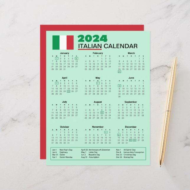 Calendrier italien 2024 avec jours fériés | Calend (Devant/Arrière en situation)