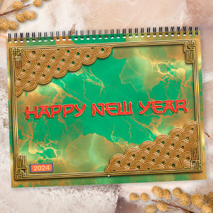 Calendrier Jade Green Red Gold Signes chinois Zodiac Jade