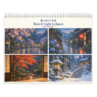 Calendrier Japanese Rain & Lantern Light Woodblock Style Art