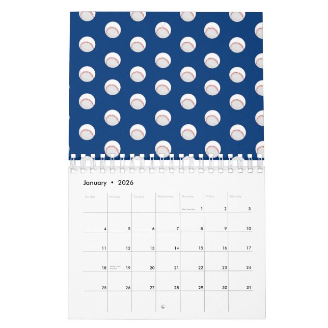 Calendrier Joueurs de baseball blanc Ball Red Stitching (Jan 2026)