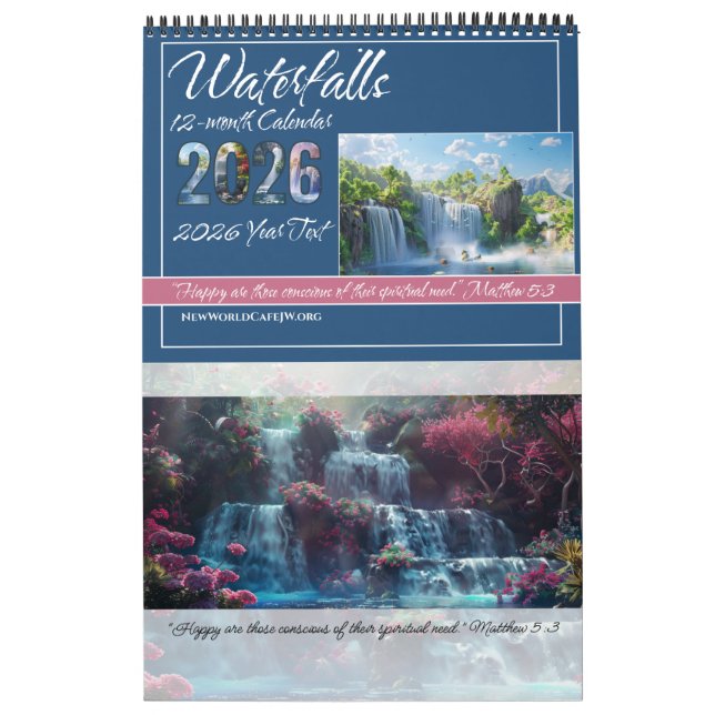 Calendrier JW 2026 Calendar -Calming Waterfalls -Matthew 5:3 (Protection)