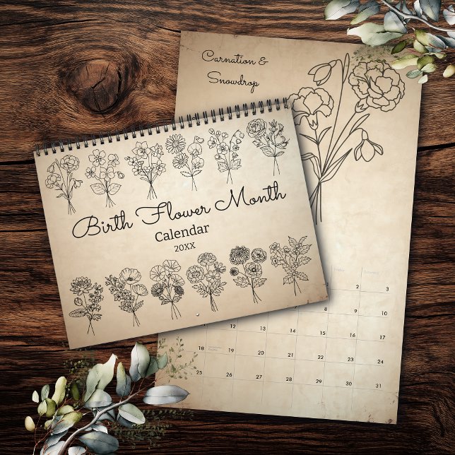 Calendrier Kraft Bohème Fleur de Naissance Mois (Créateur téléchargé)