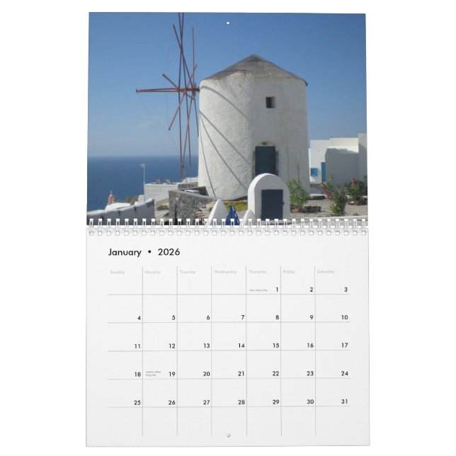 Calendrier La belle Maison Blanche bleue de mer de la Grèce (Jan 2026)