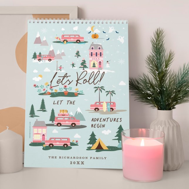 Calendrier Laissez L'Aventure Commencer Chic Rose Retro Van F (Let The Adventure Begin Chic Pink Retro Van Family Calendar)