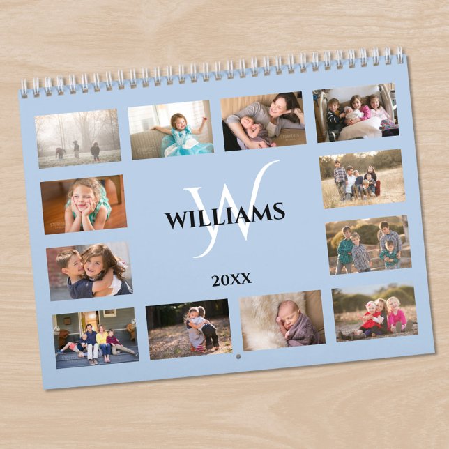 Calendrier Lumière de nom de monogramme moderne bleu clair Ph (Modern Monogram Name Light Blue Custom Photo Calendar in situ)