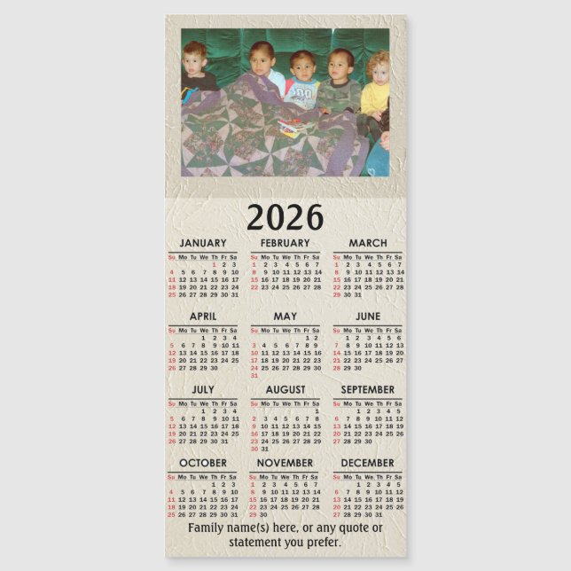 Calendrier magnétique 2026 avec votre photo et tex (Devant)