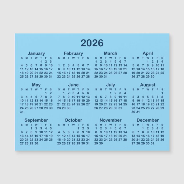 Calendrier magnétique 2026 bleu clair et marine (Devant)