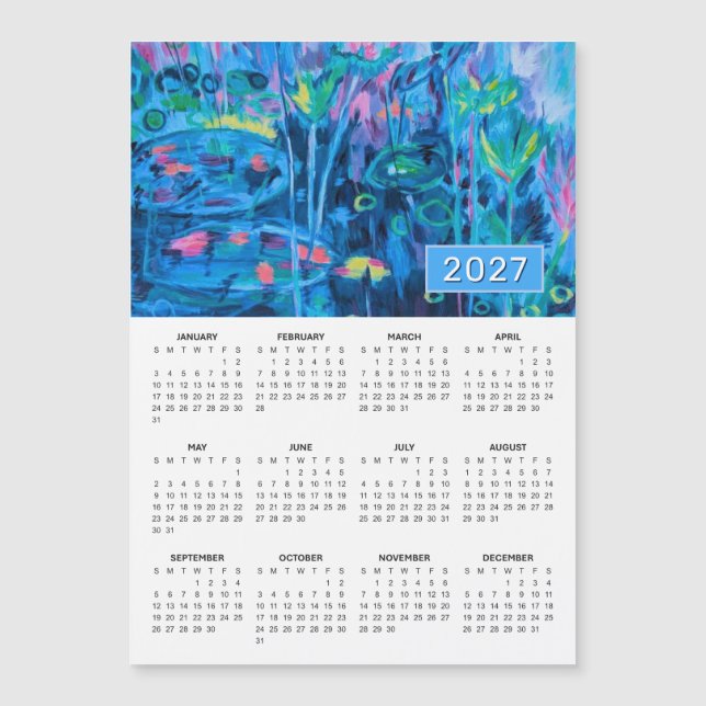 Calendrier magnétique abstrait floral bleu 2027 (Devant)
