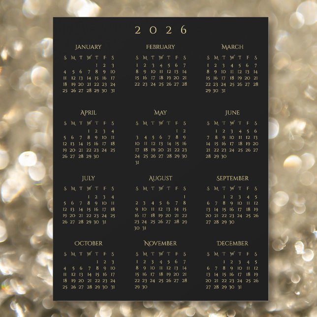 Calendrier magnétique annuel Or Noir 2026 (2026 Full Year Black Gold Yearly Calendar Magnet)