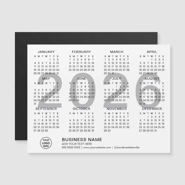 Calendrier magnétique blanc 2026 de l'entreprise p (Devant / Derrière)