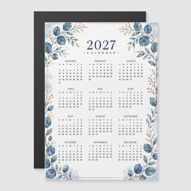 Calendrier Magnétique Chic Bleu Vert Eucalyptus 20 (Devant / Derrière)
