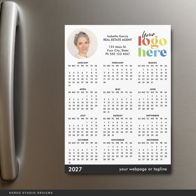 Calendrier magnétique de base moderne photo logo 2 (Add your own photo, Name, Contact Information and business logo to this calendar card)