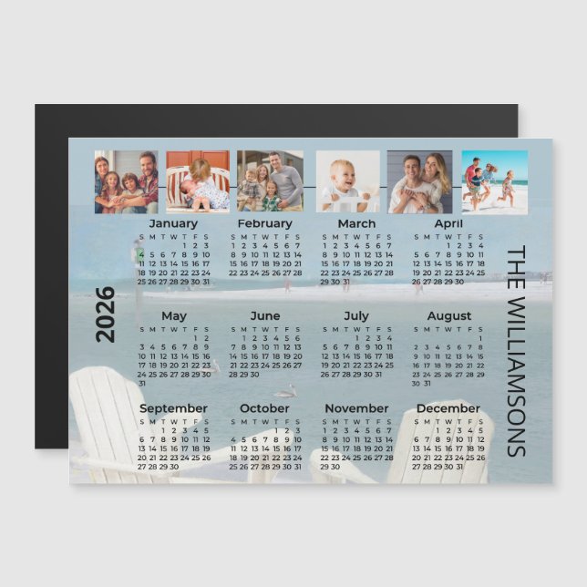 Calendrier magnétique de plage 2026 avec six photo (Devant / Derrière)