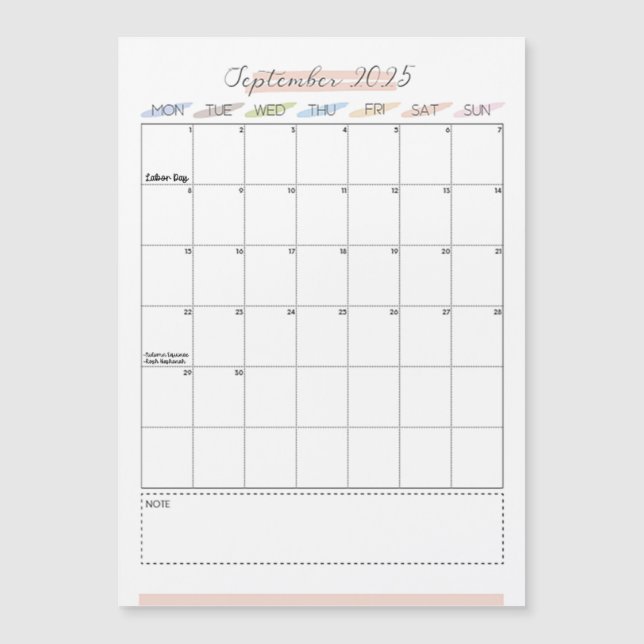 Calendrier magnétique de septembre 2025 (Devant)