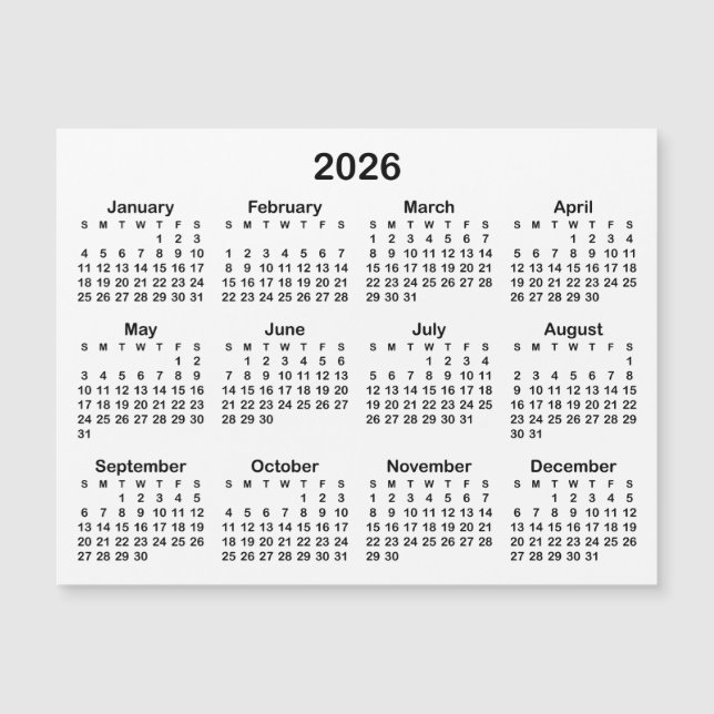 Calendrier magnétique minimal noir 2026 (Devant)