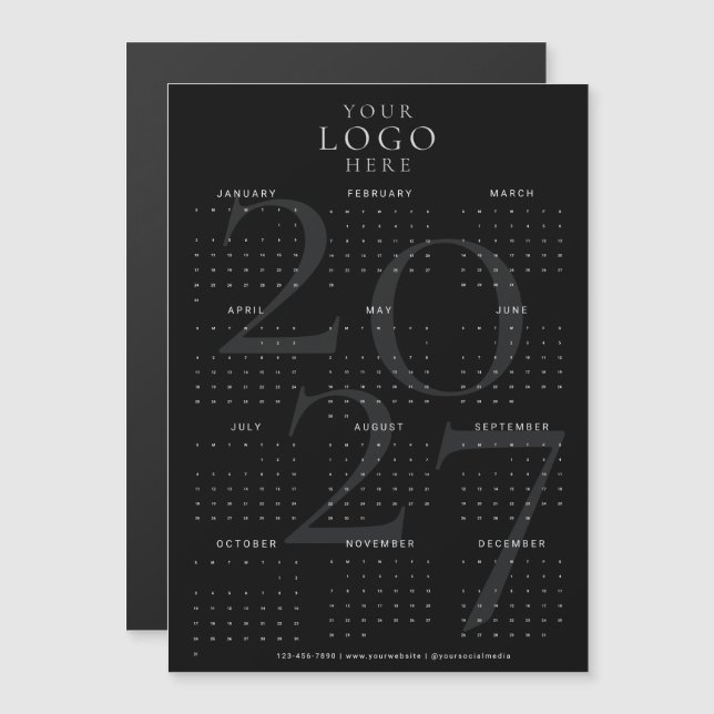 Calendrier magnétique minimal noir 2027 Logo Entre (Devant / Derrière)