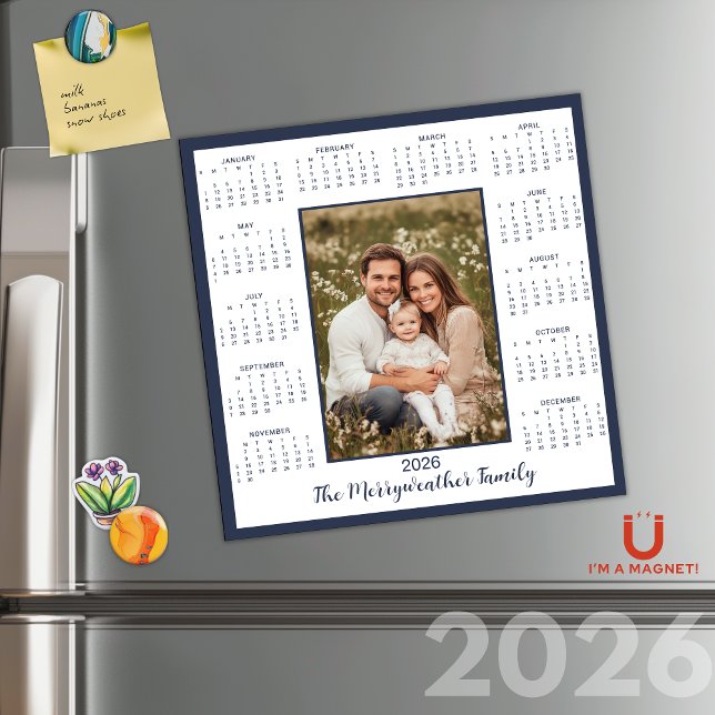 Calendrier magnétique photo bleu marine 2026 (2026 Navy Blue Photo Magnetic Calendar)