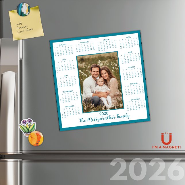 Calendrier magnétique photo bleu Turquoise 2026 (2026 Teal Blue Photo Magnetic Calendar)