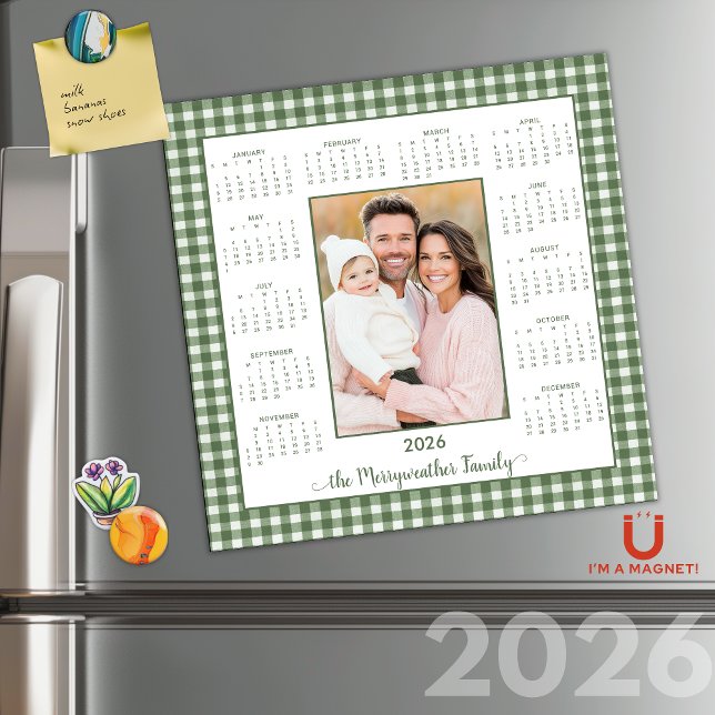 Calendrier magnétique photo En vichy vert rustique (2026 Rustic Sage Green Gingham Photo Magnetic Calendar #cottagecore)