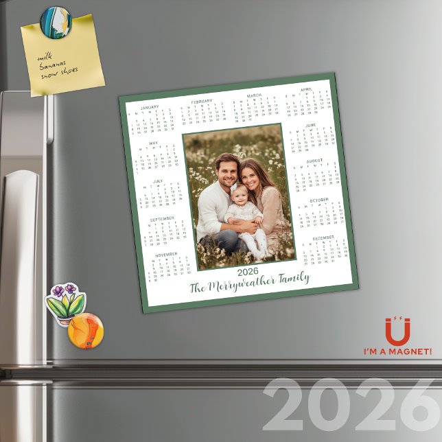 Calendrier magnétique Photo Vert 2026 Sage (2026 Sage Green Photo Magnetic Calendar)