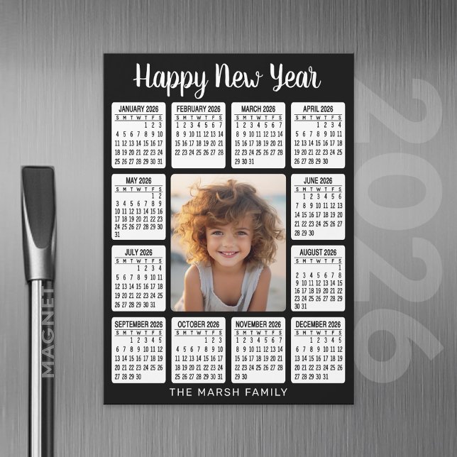 Calendrier magnétique photo verticale - HNY noir (2026 Calendar with A Photo and Magnetic Back)