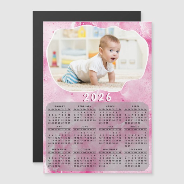 Calendrier magnétique rose 2026 Photo personnalisé (Devant / Derrière)