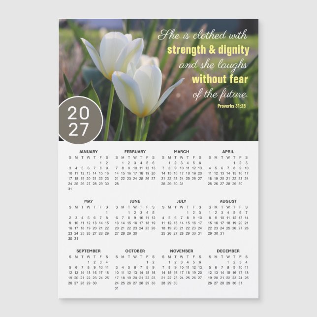 Calendrier magnétique Tulipe 2027 Proverbes 31:25 (Devant)