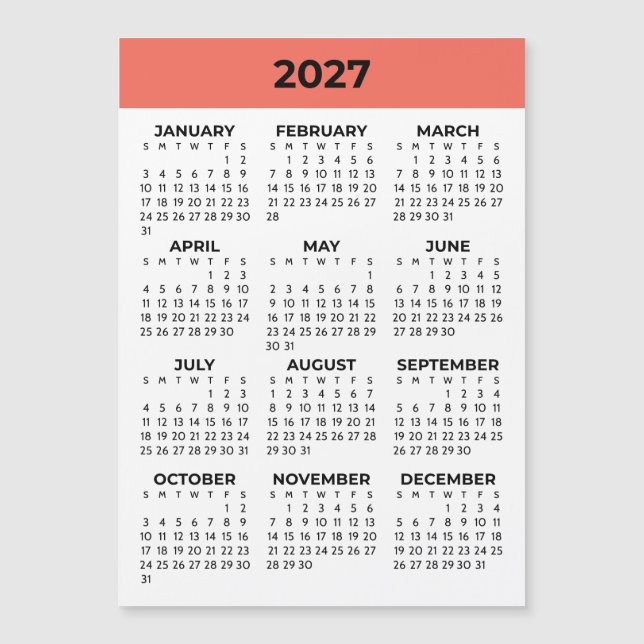 Calendrier Magnétique Vue Annuelle 2027 Orange Cor (Devant)