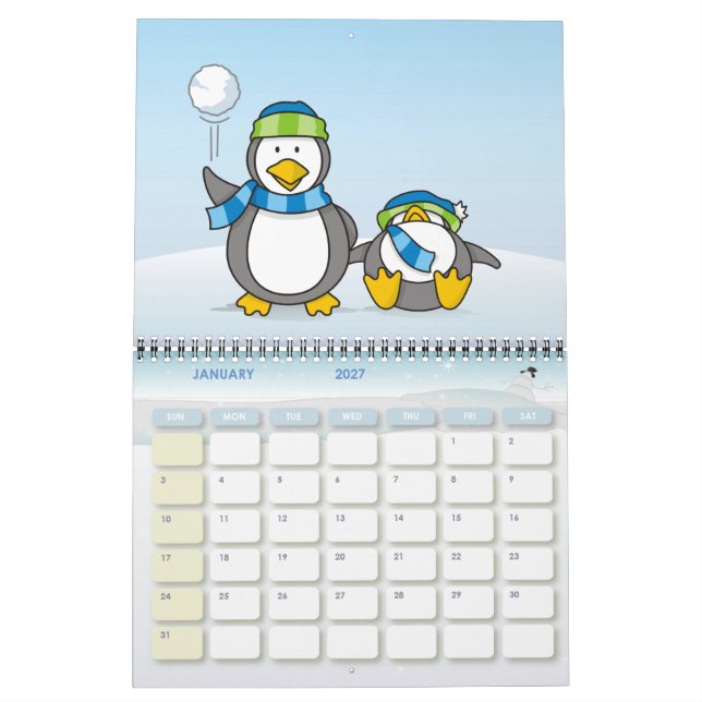 Calendrier Manchots à la bataille de boules de neige (Jan 2027)