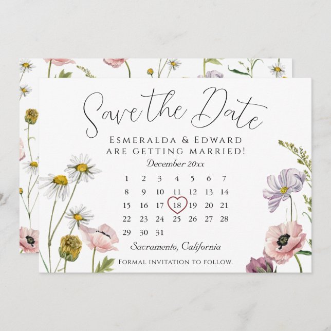 Calendrier Mariage Fleur Sauvage Simple Enregistre (Devant / Derrière)
