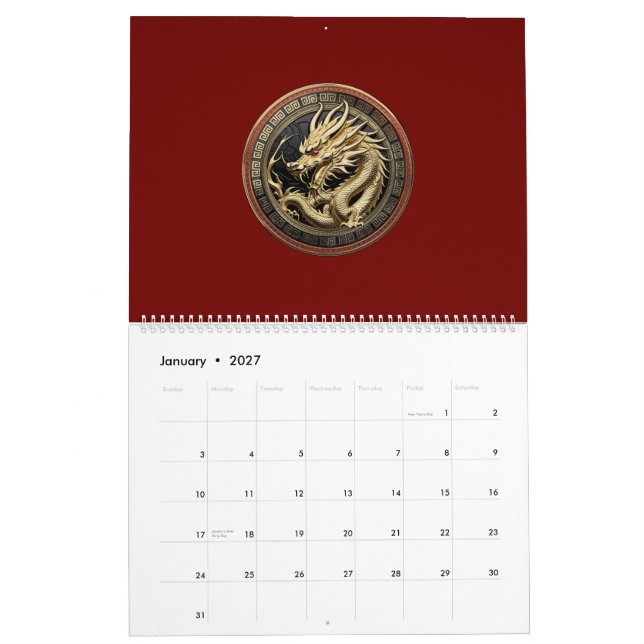 Calendrier Médaillon de dragon sacré oriental en or (Jan 2027)