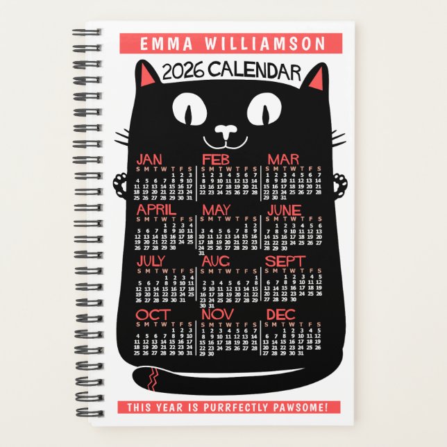Calendrier mensuel 2026 Chat noir Midcentury Sm (Devant)