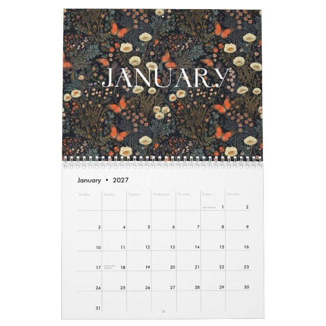Calendrier mensuel Cottagecore (Jan 2027)