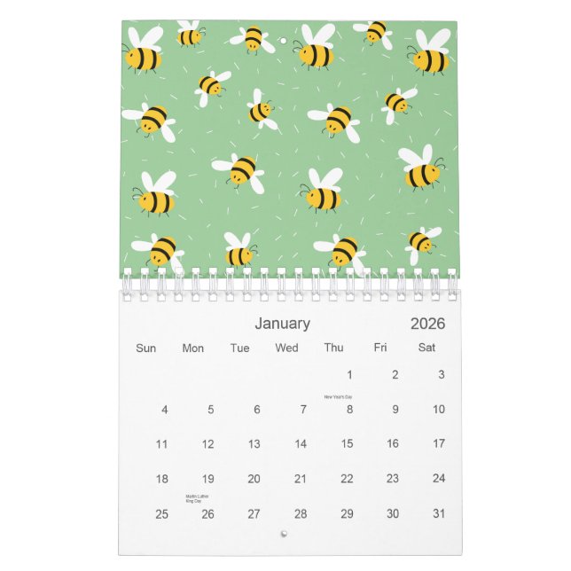 Calendrier Miel Bumble Bee Green Motif 2026 (Jan 2026)