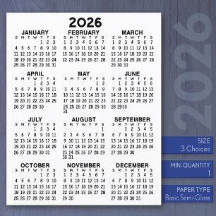 Calendrier Mini année complète Voir feuille plat