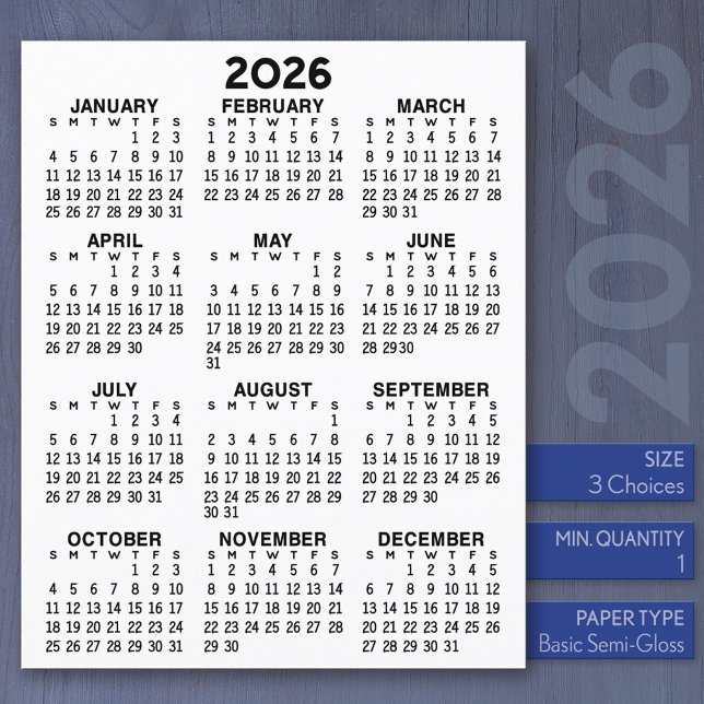 Calendrier Mini année complète Voir feuille plat (2026 Calendar)